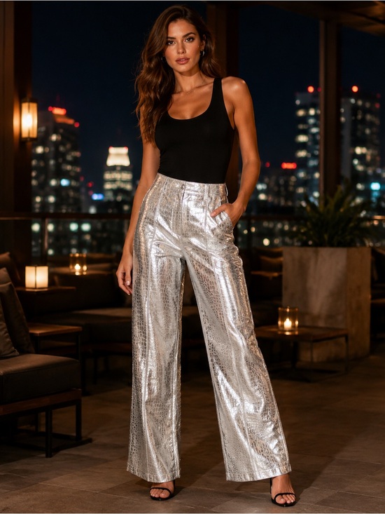 Avec Les Filles Pants - NWT Avec Les Filles Silver Croc Metallic Wide Leg Pants Size 6